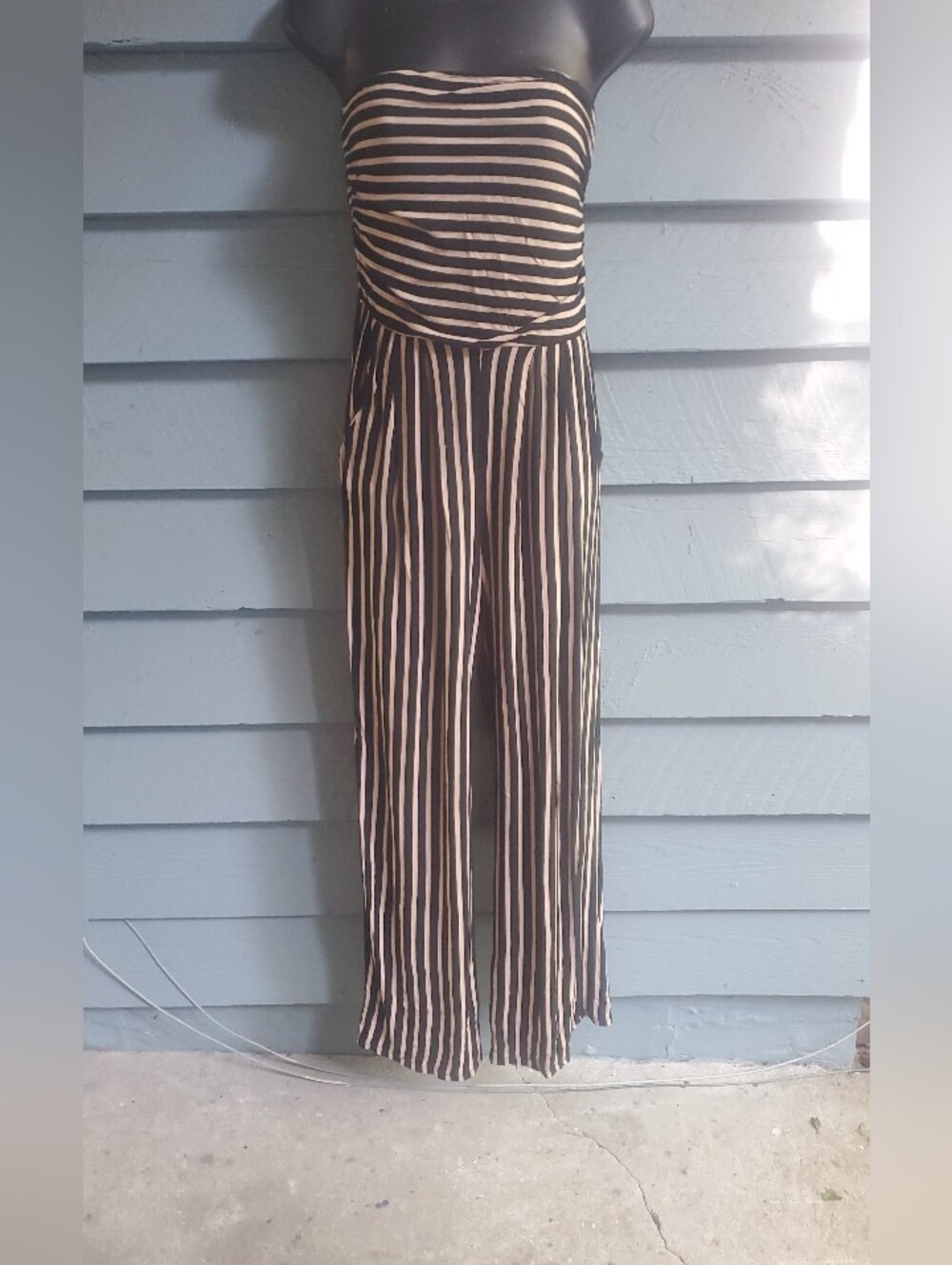 Striped Strapless Jumpsuit in Black and Beige